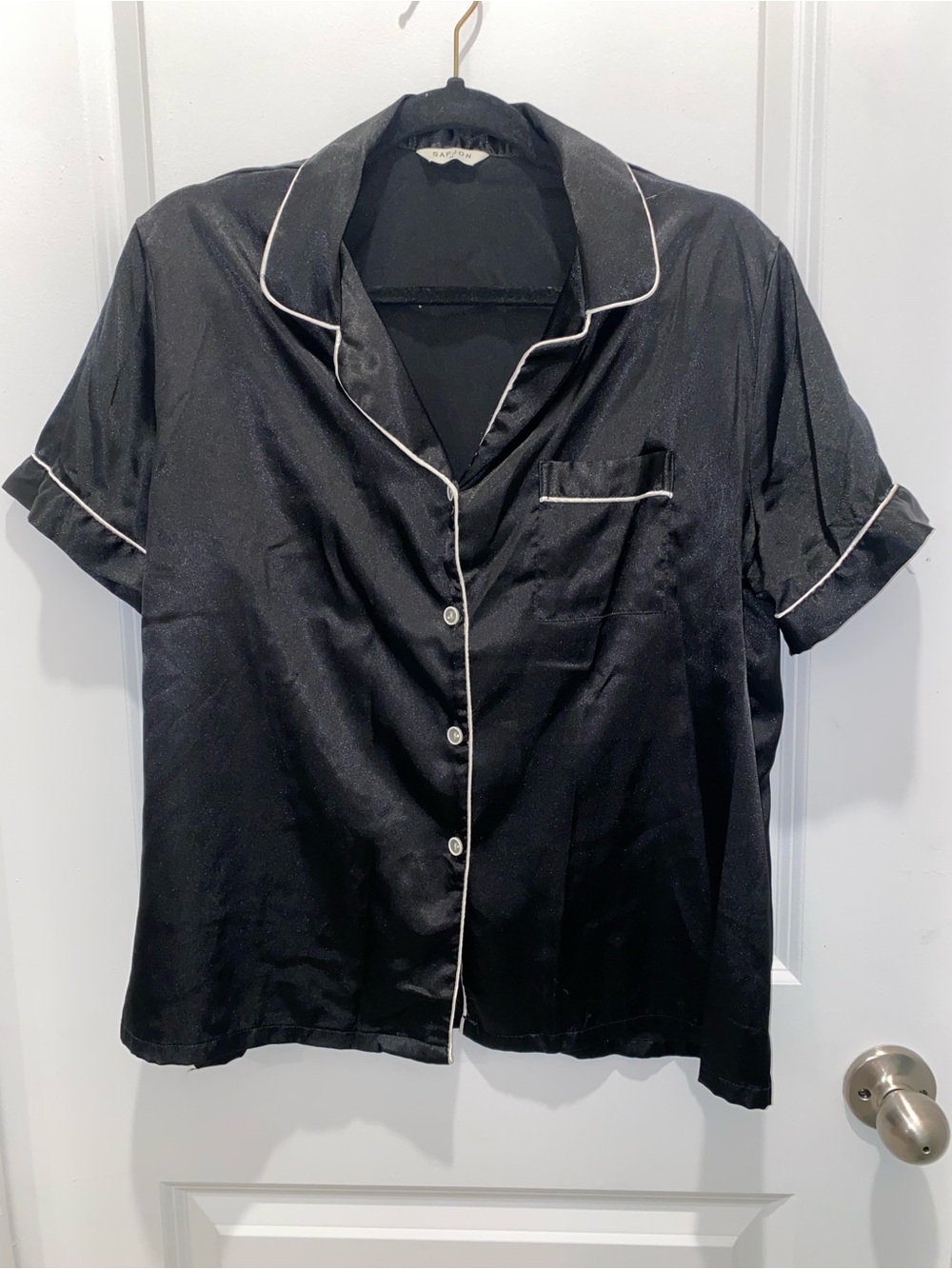 Silky Black Short-Sleeve Pajama Top with White Piping